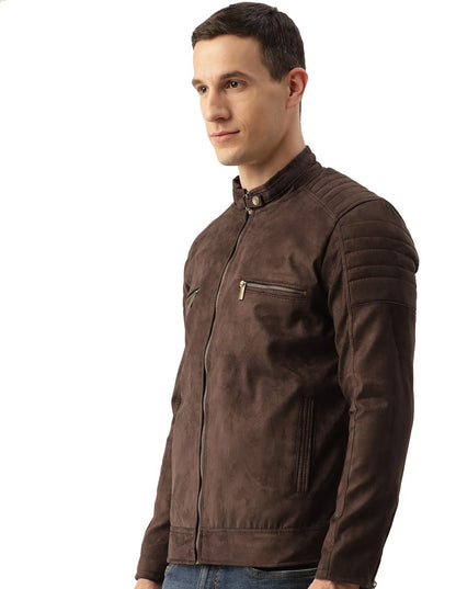 Men's Coffee Brown Suede Leather Standard Length Jacket - Stylish Casual Winterwear