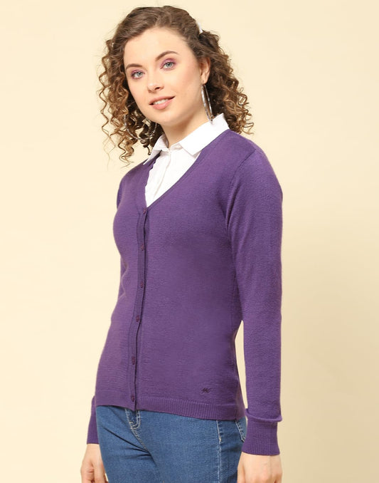 Women's Solid V Neck Full Sleeve Wine Sweater Cardigan