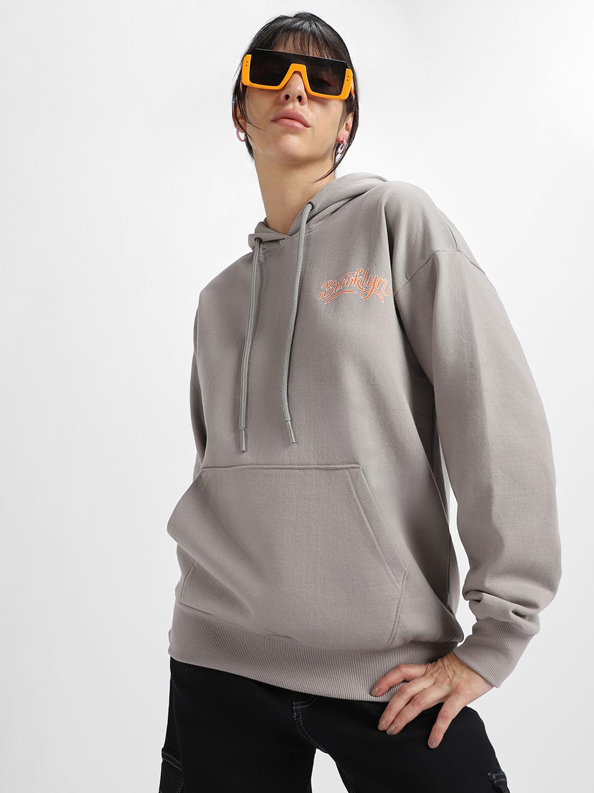 JUNEBERRY® Cotton Polly Fleece Oversized Fit Grey Graphic Hoodie for Women