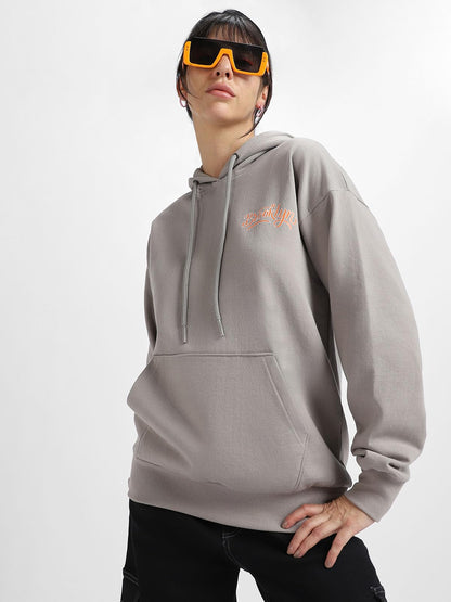 JUNEBERRY® Cotton Polly Fleece Oversized Fit Grey Graphic Hoodie for Women