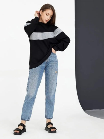 Women's Loose Fit Full Sleeve Round Neck Loop Knit Oversized Black Sweatshirt
