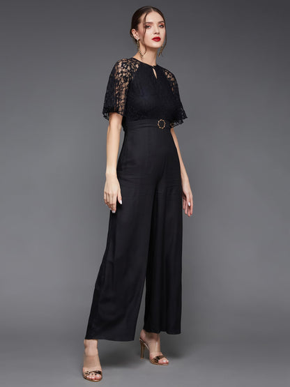 Miss Chase Women's Round Neck Flared Sleeve Floral Regular Jumpsuit with Pockets (MCSS23D79-02-62-03, Black, S)