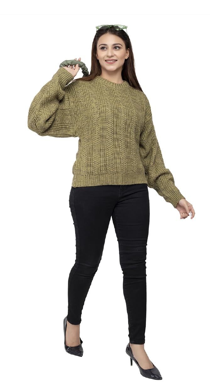 Women Pure Wool Round Neck Regular Fit Olive Pullover Sweater - Full Sleeve Stylish Crafted for Comfort