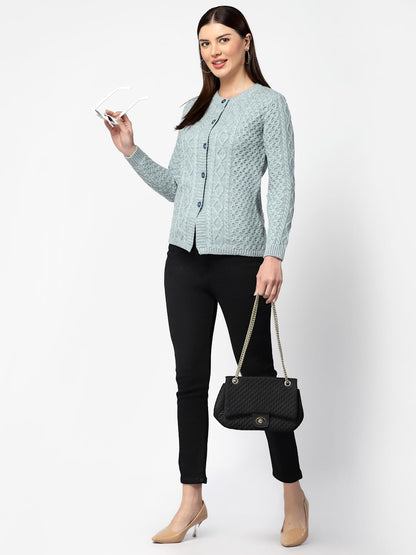 Women's Woolen Acrylic Full Sleeve Round Neck Cable Design Light Denim Cardigan -  Stylish Woolen Winter Sweater