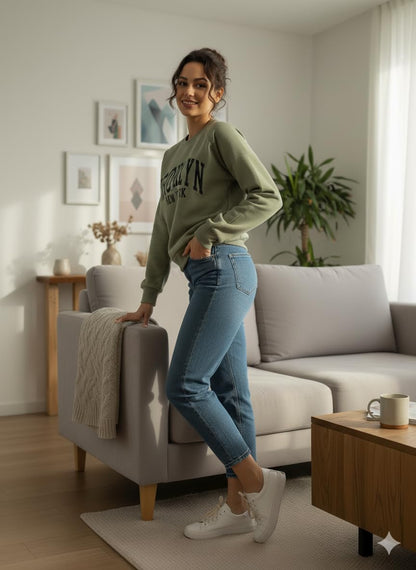 Women's Printed Oversized Green Sweatshirt – Casual Streetwear Winter Style for Women