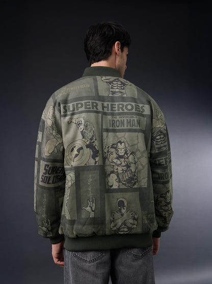 Men's Marvel Heroes Full Sleeves Round Neck Dark Green Graphic Printed Polyester Regular Fit Lightweight Reversible Bomber Jacket