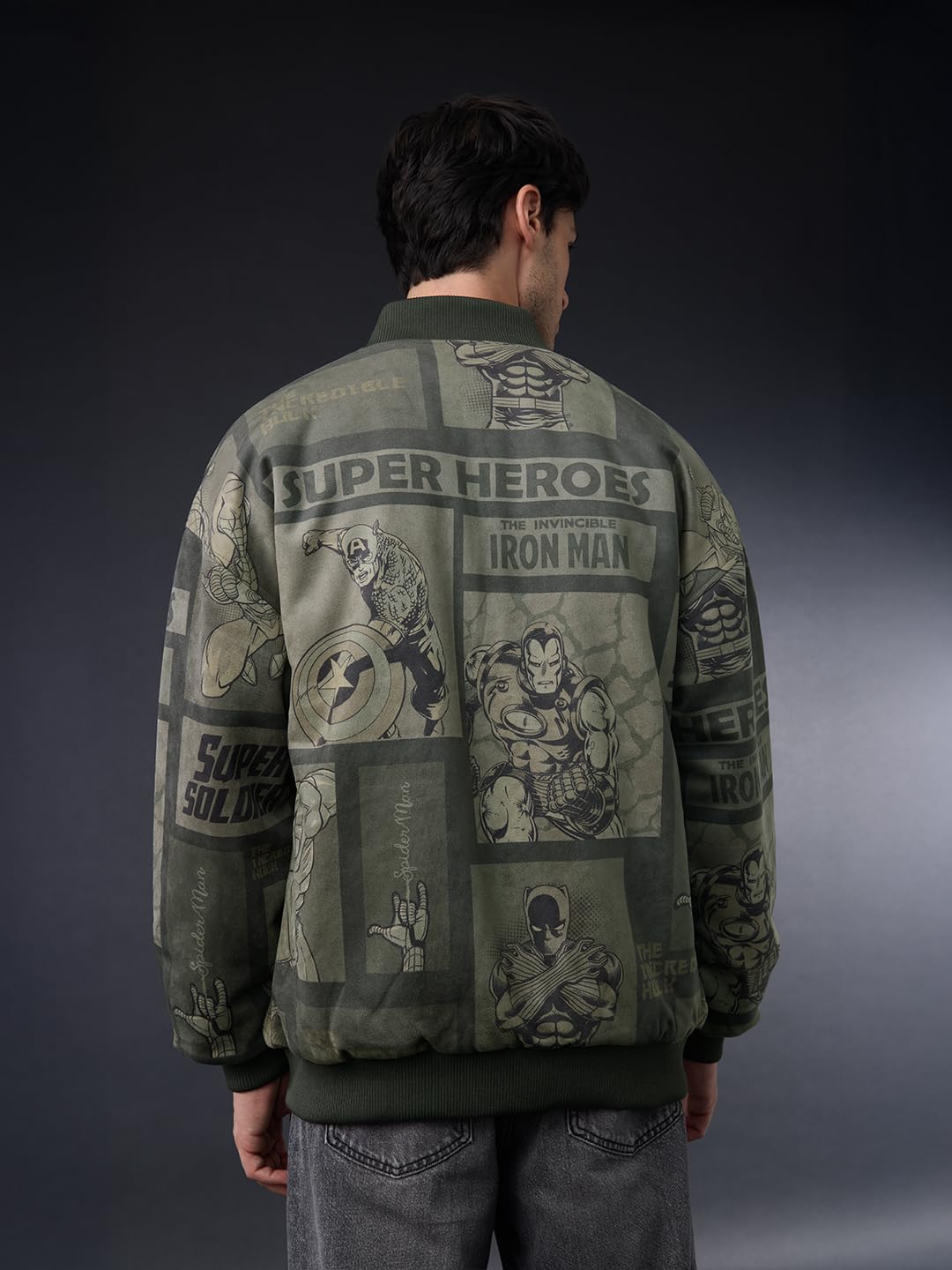 Men's Marvel Heroes Full Sleeves Round Neck Dark Green Graphic Printed Polyester Regular Fit Lightweight Reversible Bomber Jacket