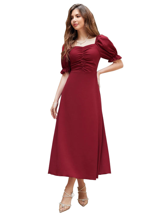 Shasmi Girl's & Women's Solid Maroon A-Line Ruched Puff Sleeve Maxi Long Evening One Piece Long Dress for Women Stylish (Dress 131 Maroon-M)