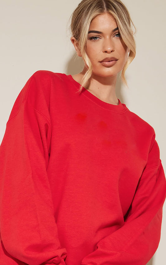 Women's Loop Knit Round Neck Oversized Loose Fit Red Sweatshirt