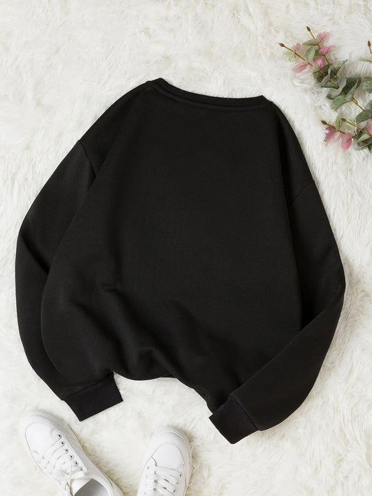 Women Full Sleeve Round Neck Printed Black Sweatshirt - For a Casual or Campus Look