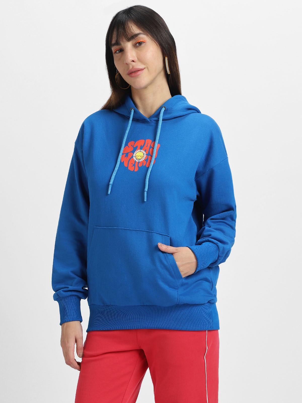 JUNEBERRY® Cotton Polly Fleece Oversized Fit Blue Graphic Hoodie for Women