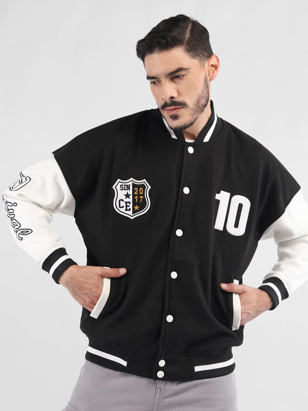 Men’s Oversized Varsity Jacket with Snap Button Closure and Patch Design Trendy Comfortable Outerwear for College Travel and Casual Wear Black & White