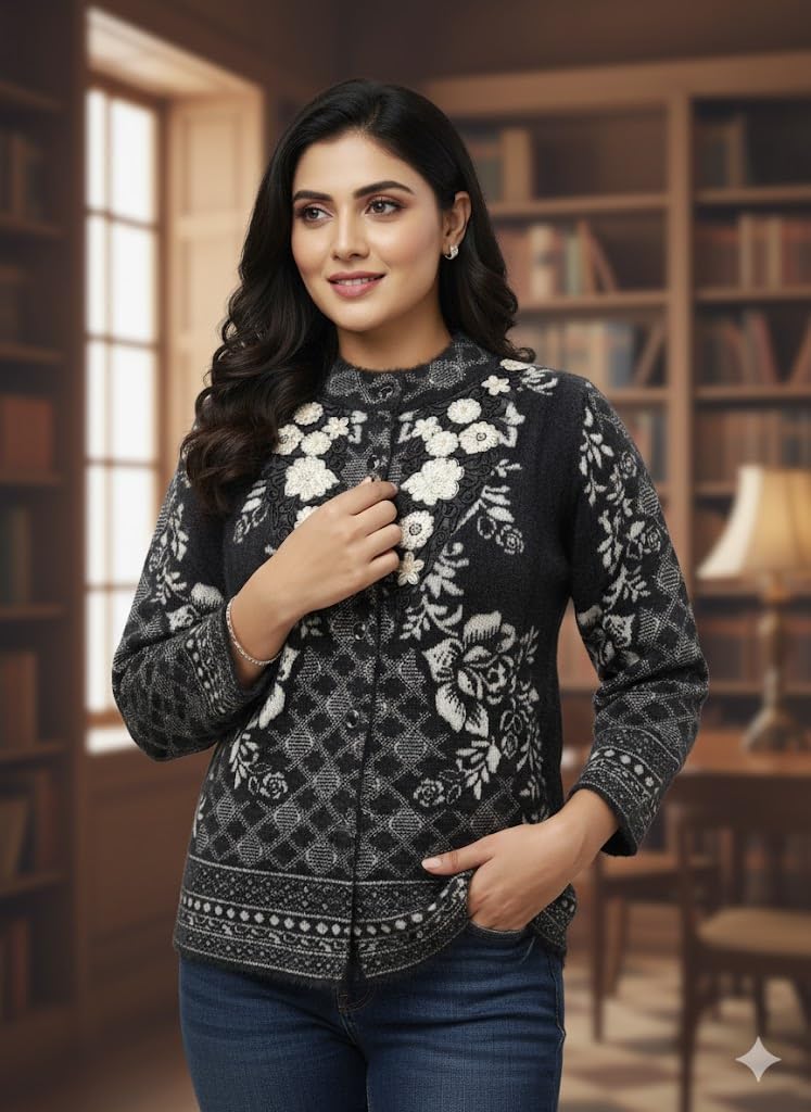 Women's Woolen Round Neck Black Cardigan Sweater - Stylish Pure Wool Winter Wear