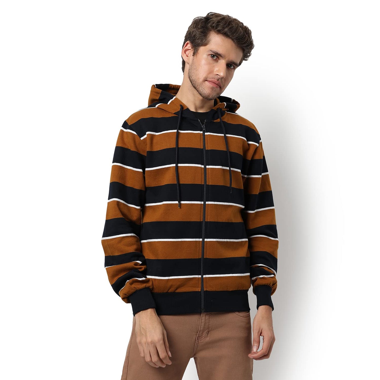 Men's Brown & Black Striped Regular Fit Full Zip Color Blocked Hooded Sweatshirt - Casual Sweatshirt for Men