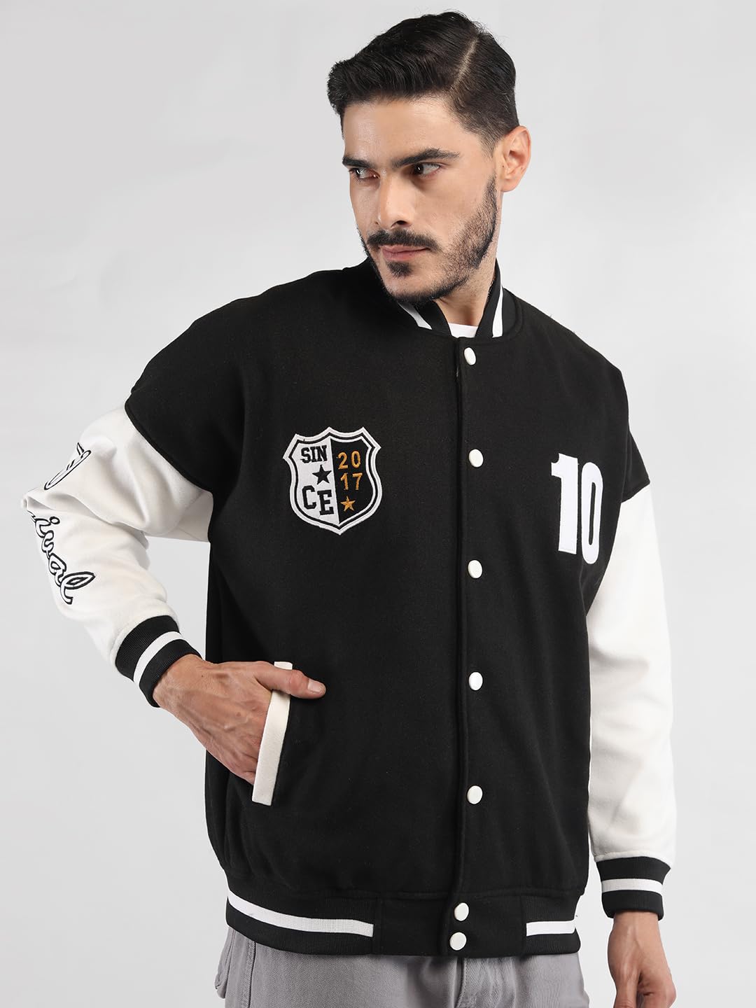 Men’s Oversized Varsity Jacket with Snap Button Closure and Patch Design Trendy Comfortable Outerwear for College Travel and Casual Wear Black & White