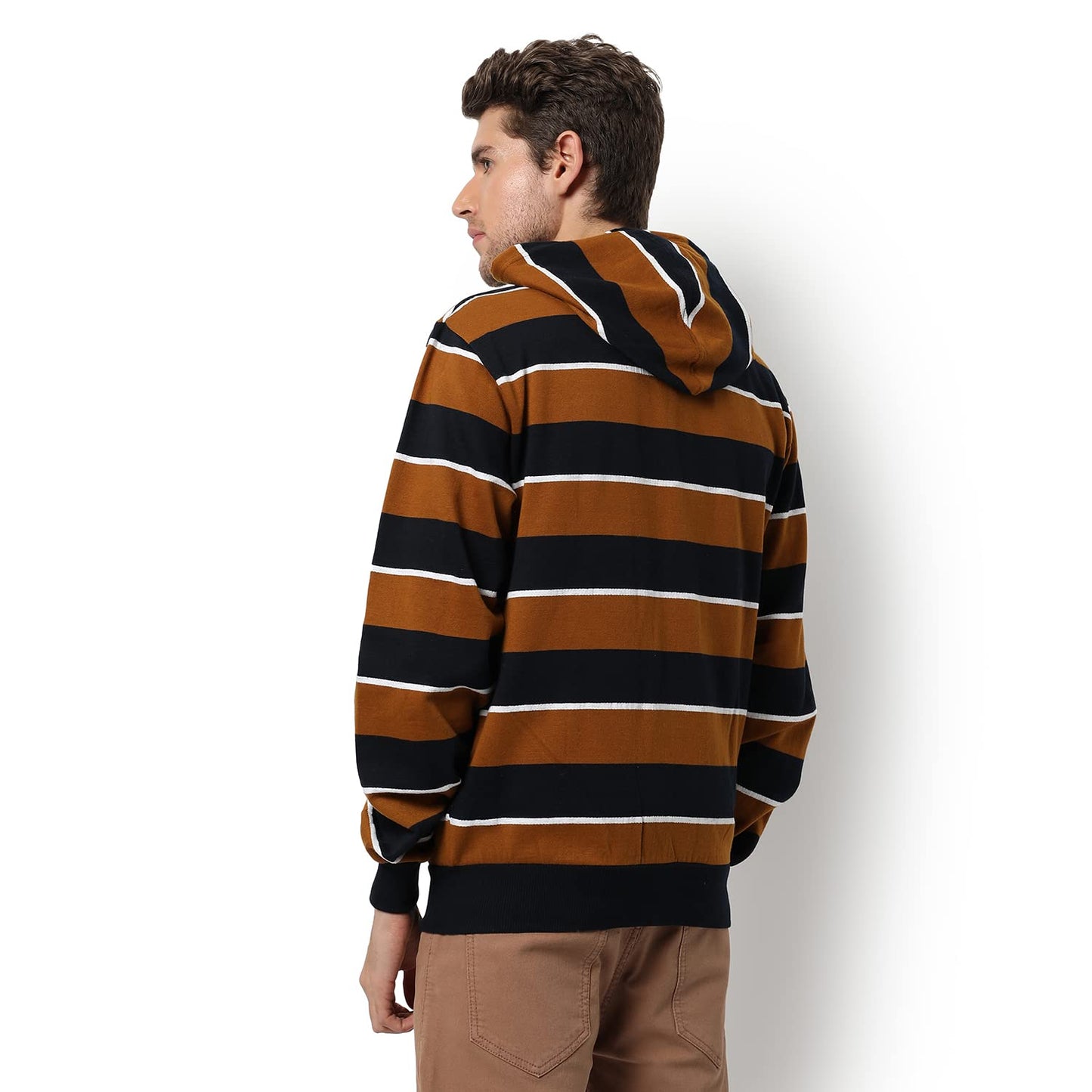 Men's Brown & Black Striped Regular Fit Full Zip Color Blocked Hooded Sweatshirt - Casual Sweatshirt for Men