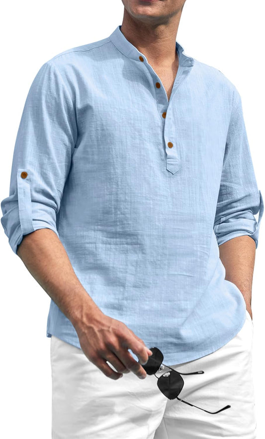 Zombom Cotton Blend Solid Casual Regular Fit Mandarin/Chinese Collor Short Kurta for Men Sky Blue