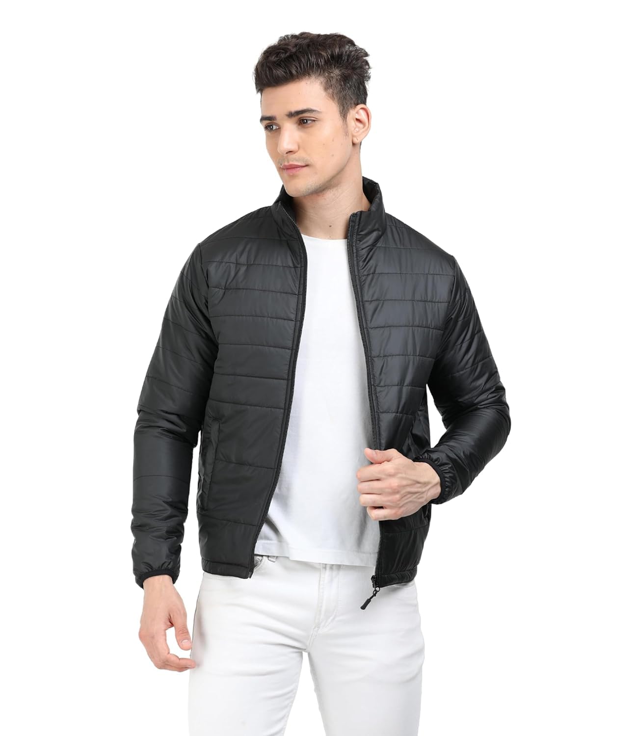 Men's Black Winter Puffer Jacket | Mens Nylon Quilted standard length | Bomber Full Sleeve Monsoon | Lightweight Winter Wear Mens Jacket