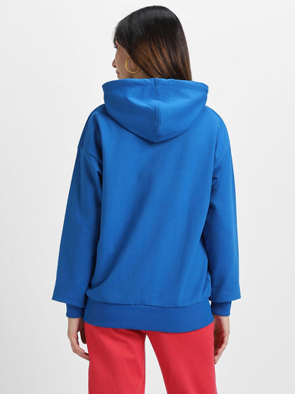 JUNEBERRY® Cotton Polly Fleece Oversized Fit Blue Graphic Hoodie for Women