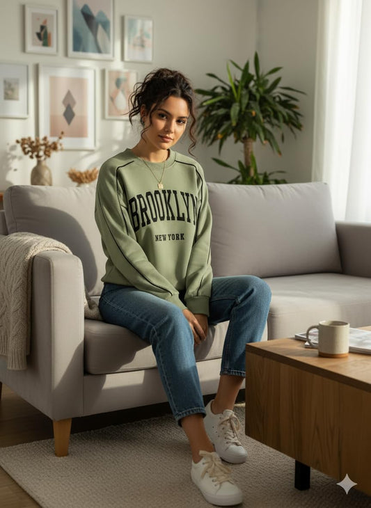 Women's Printed Oversized Green Sweatshirt – Casual Streetwear Winter Style for Women