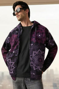 Men's Oversized Mandala Art Jacket - Full Sleeves Hooded Neck Dark Purple Embroidered Ethnic Print Polar Fleece Oversized Fit Lightweight Casual Jacket