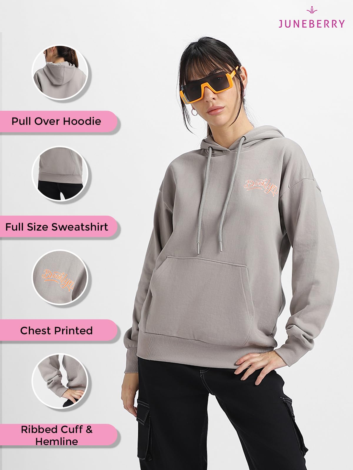 JUNEBERRY® Cotton Polly Fleece Oversized Fit Grey Graphic Hoodie for Women