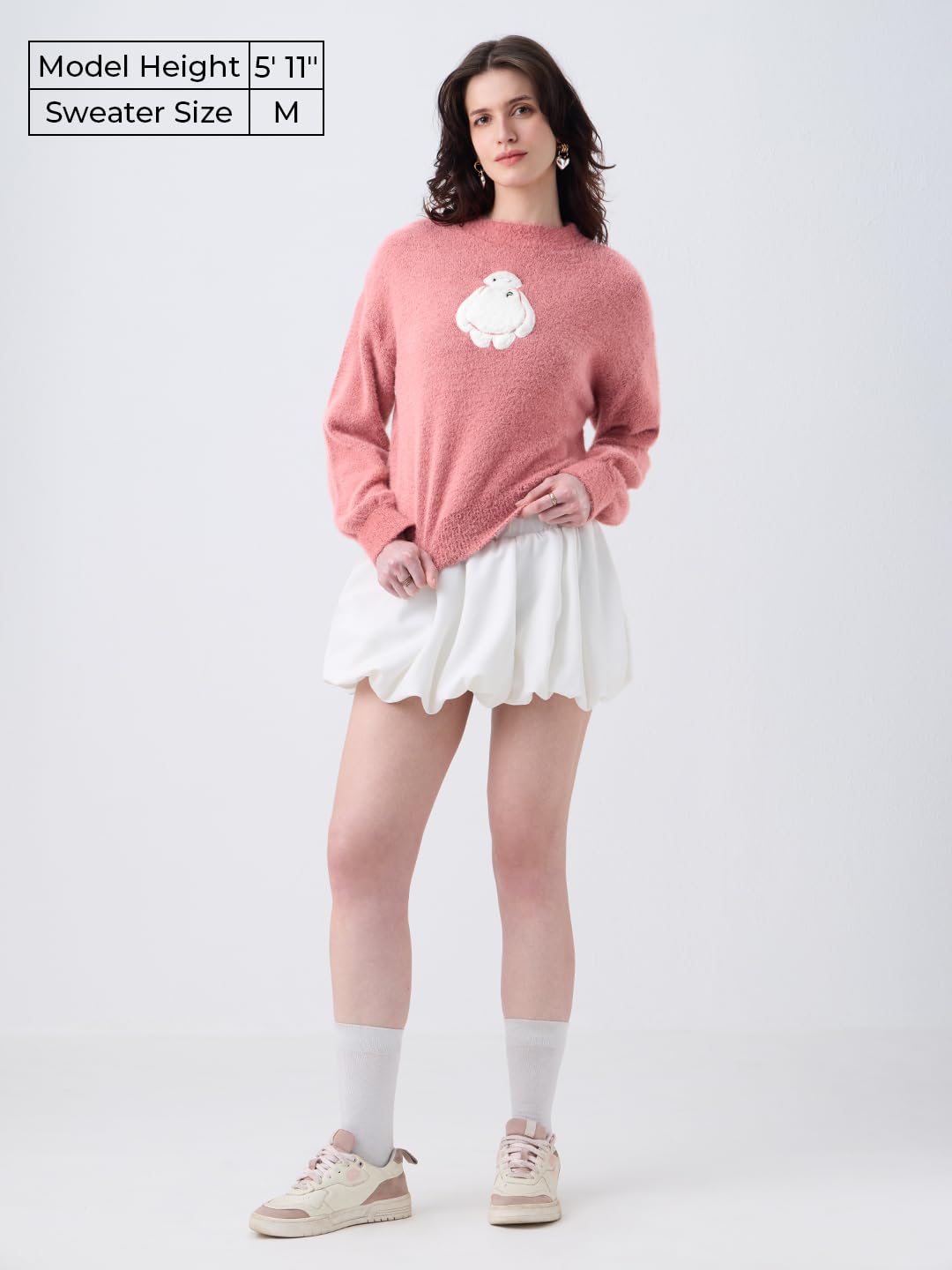 Women Full Sleeves Round Neck Light Pink Graphic Printed Acrylic Nylon Oversized Fit Fuzzy Casual Winter Pullover Sweater