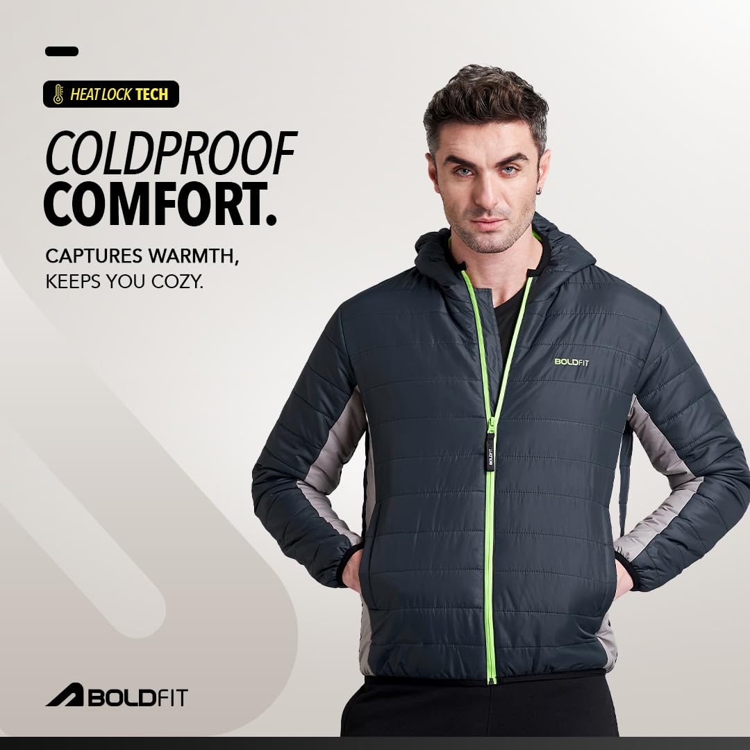 Men's Quilted Polyester Black Charcoal Padded Hooded Bomber Jacket | Monsoon Jacket for Men | Winter Jacket