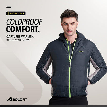 Men's Quilted Polyester Black Charcoal Padded Hooded Bomber Jacket | Monsoon Jacket for Men | Winter Jacket