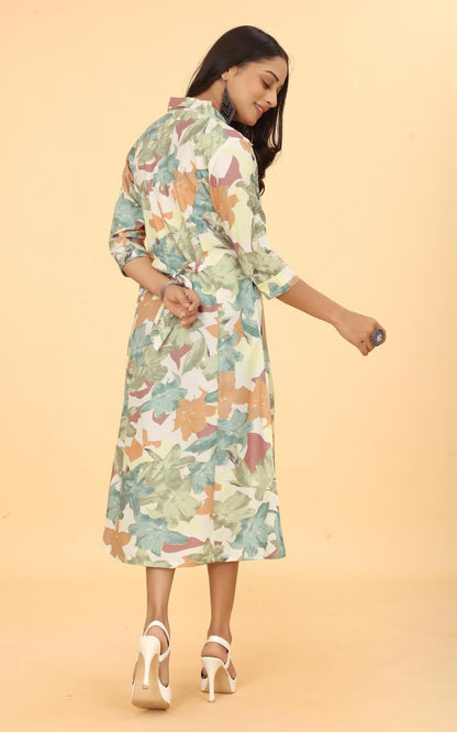 KESUDI A Line Dresses for Women Western Rayon Floral One Piece Dress for Women | Stylish Flared Roll Tab Sleeve | Knee Length Midi Maxi Dress | Wear as Beach, Party Light Green