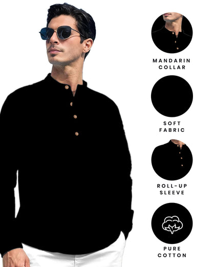 Vida Loca Men Solid Cotton Blend Straight Kurta Shirt for Men (ZBLK-36) Black