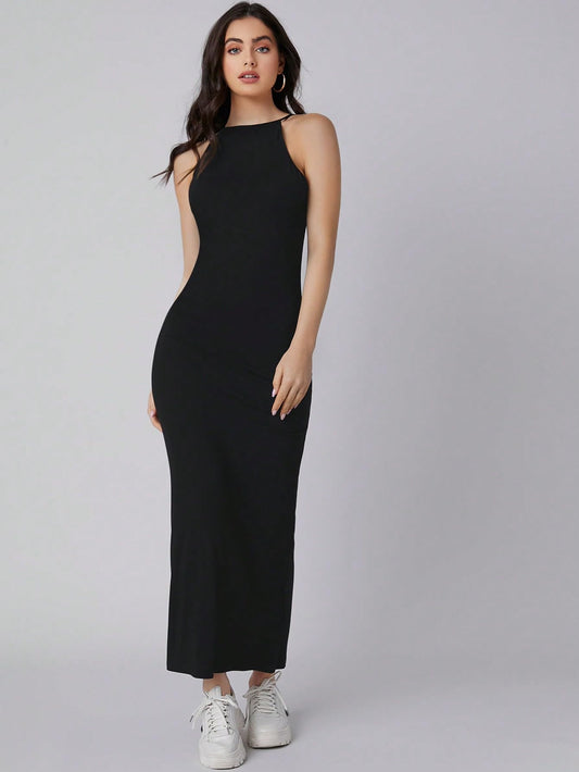 Women Black Solid Halter Neck Bodycon Midi Dress