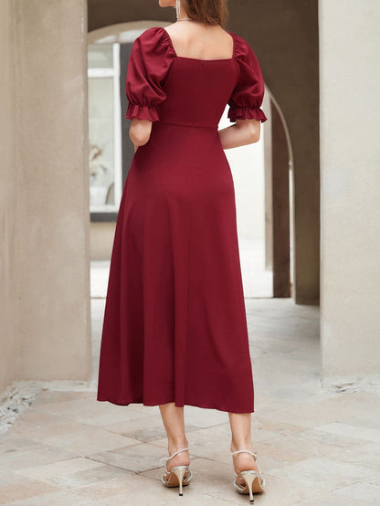 Shasmi Girl's & Women's Solid Maroon A-Line Ruched Puff Sleeve Maxi Long Evening One Piece Long Dress for Women Stylish (Dress 131 Maroon)