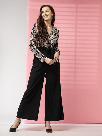LONDON BELLY Women dress | jumpsuit | jumpsuits for women stylish | snake print V-neckline maxi jumpsuit black long sleeve top high-waisted pants stylish comfortable casual formal elegant outfit