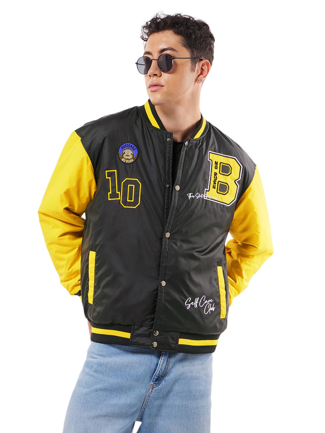 Men's Color Block Black Stand Collar Neck Long Sleeve Oversized Fit Varsity Jacket