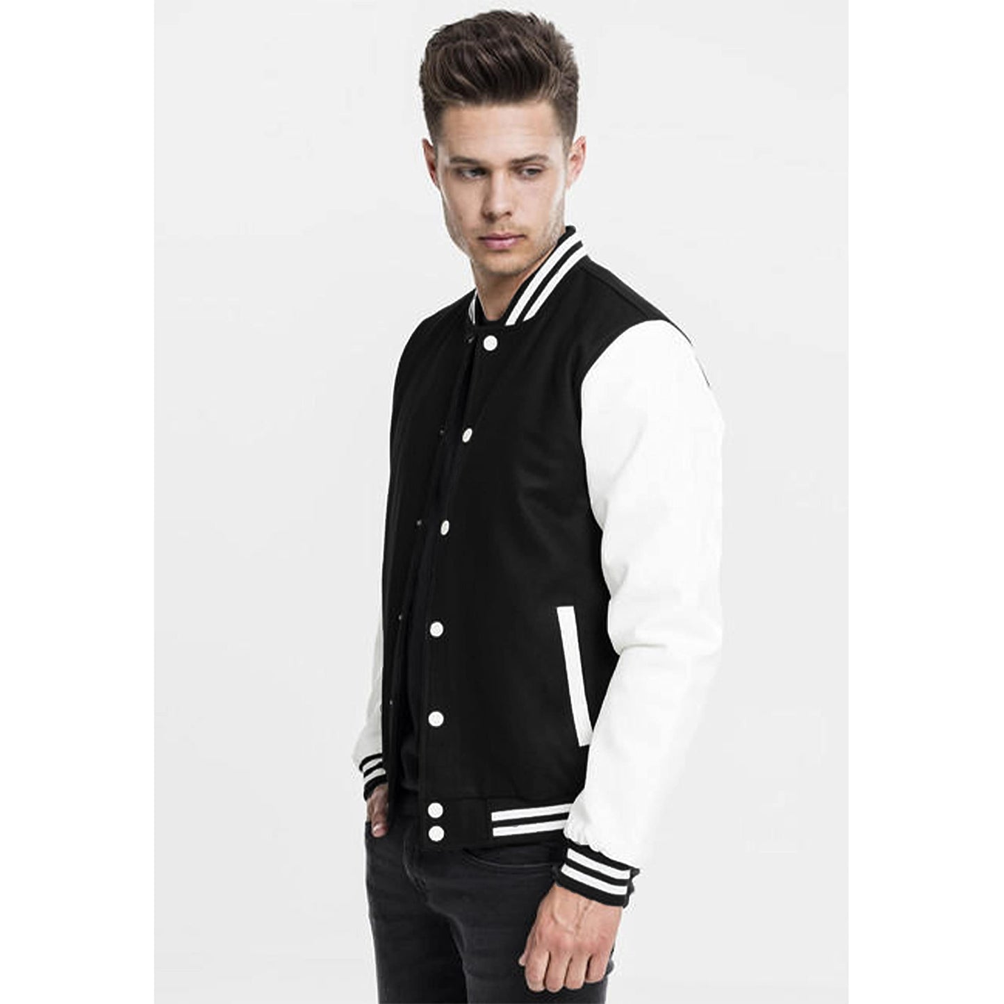Men's Black Varsity Fleece Jackets - Regular Loose Fit - Stylish Casual Streetstyle Winterwear