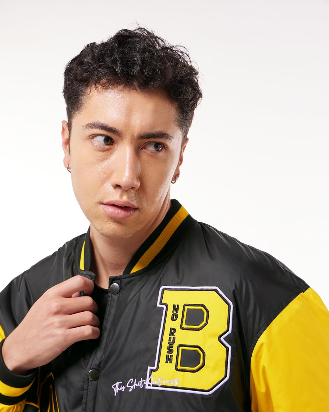 Men's Color Block Black Stand Collar Neck Long Sleeve Oversized Fit Varsity Jacket