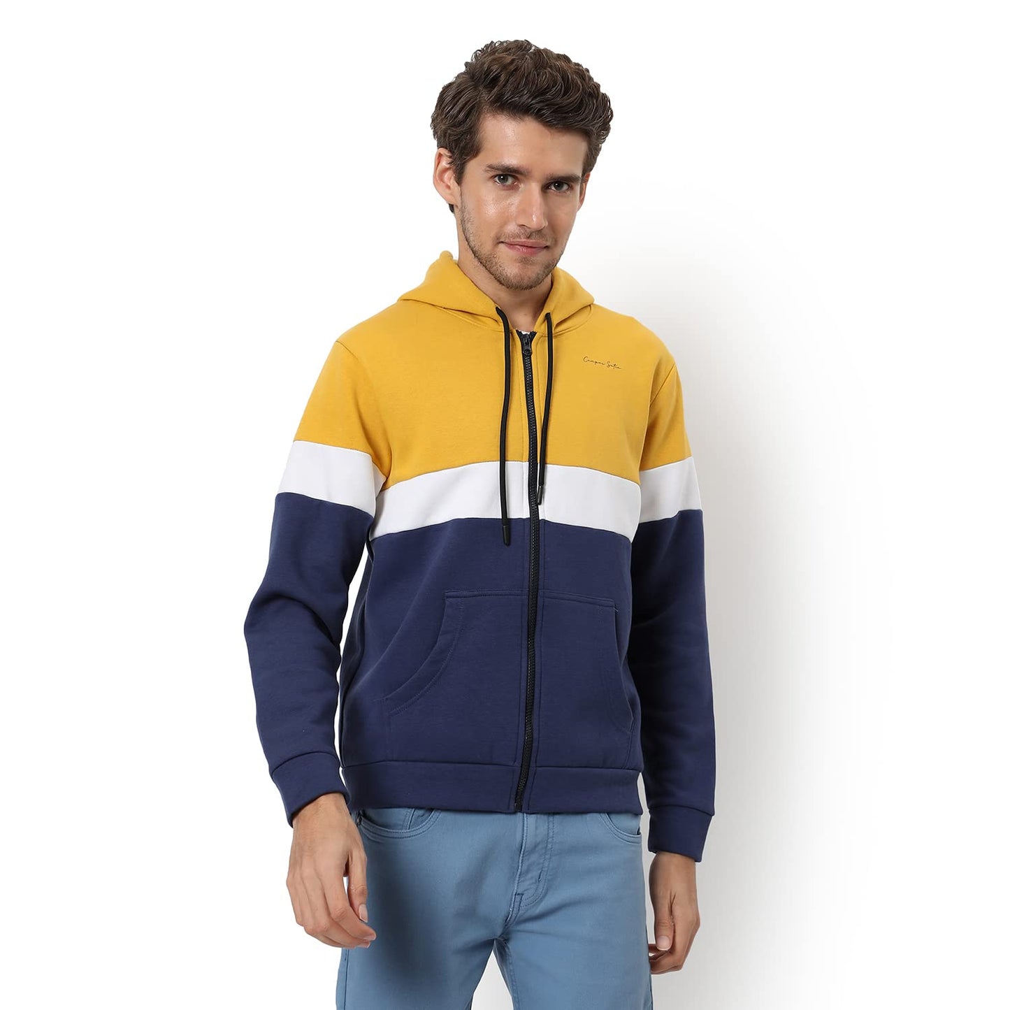 Men's Yellow & Blue Colour Blocked Regular Fit Full Zipper Sweatshirt with Hoodie for Winter Wear | Full Sleeve | Cotton Sweatshirt | Casual Sweatshirt for Men | Stylish Sweatshirt for Man