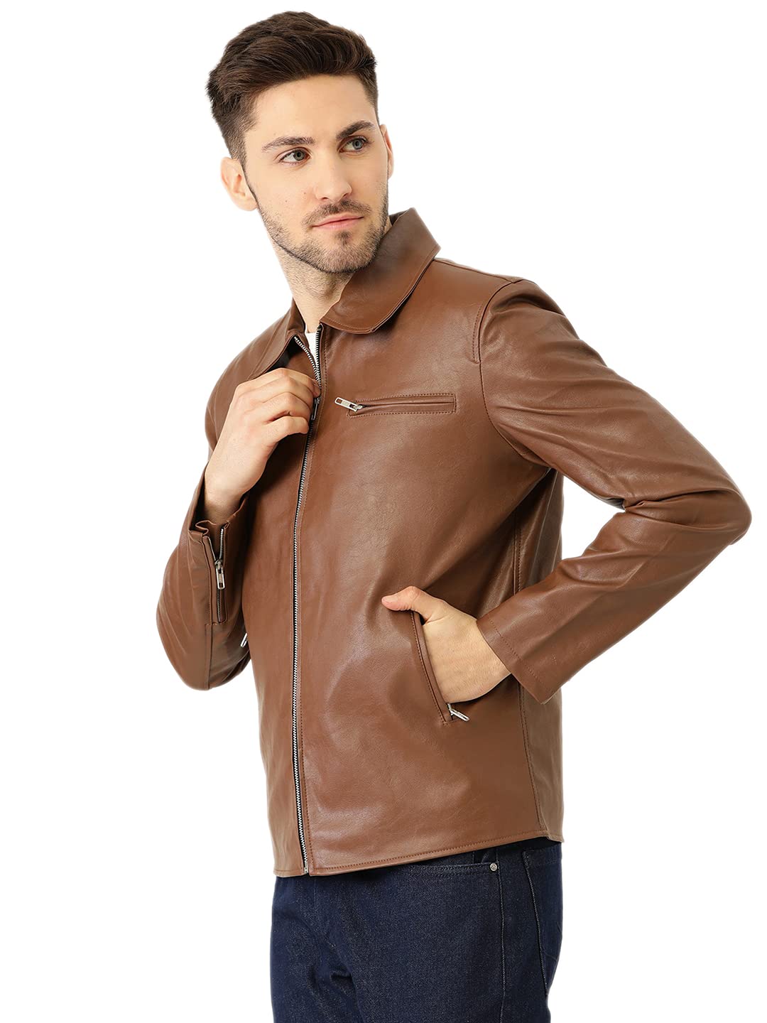 Men's Faux Leather Brown Solid Casual Jacket - Stylish Winter Jacket