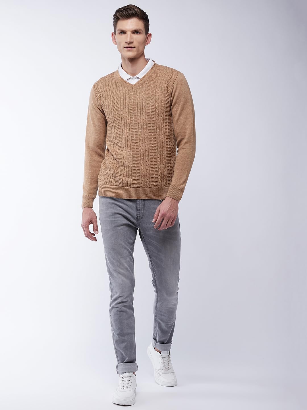 Men's V Neck Full Sleeves Solid Beige Sweater - Warmth and Style for The Winter Season