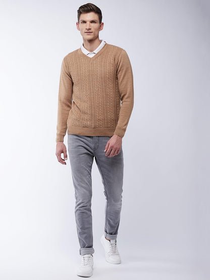 Men's V Neck Full Sleeves Solid Beige Sweater - Warmth and Style for The Winter Season
