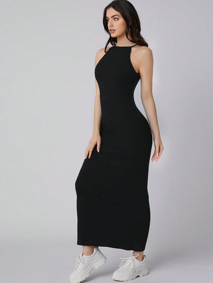 Women Black Solid Halter Neck Bodycon Midi Dress