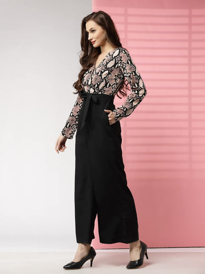 LONDON BELLY Women dress | jumpsuit | jumpsuits for women stylish | snake print V-neckline maxi jumpsuit black long sleeve top high-waisted pants stylish comfortable casual formal elegant outfit