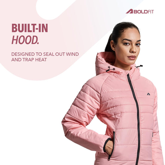 Women’s Full-Sleeve Blossom Pink Hooded Puffer Jacket | Insulated Winter & Monsoon Wear Jacket