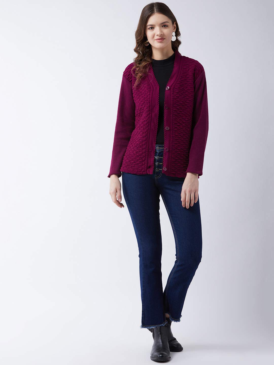 Women's Self Design V Neck Casual Winter Sweater Cardigan