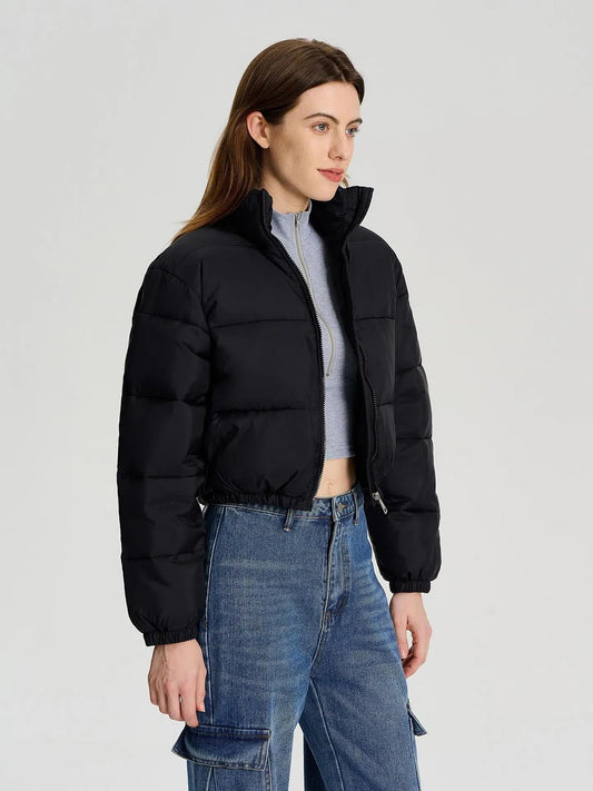 Women’s Full-Sleeve Bold Black Solid Quilted Puffer Jacket | Lightweight, Windproof & Insulated Winter Outerwear