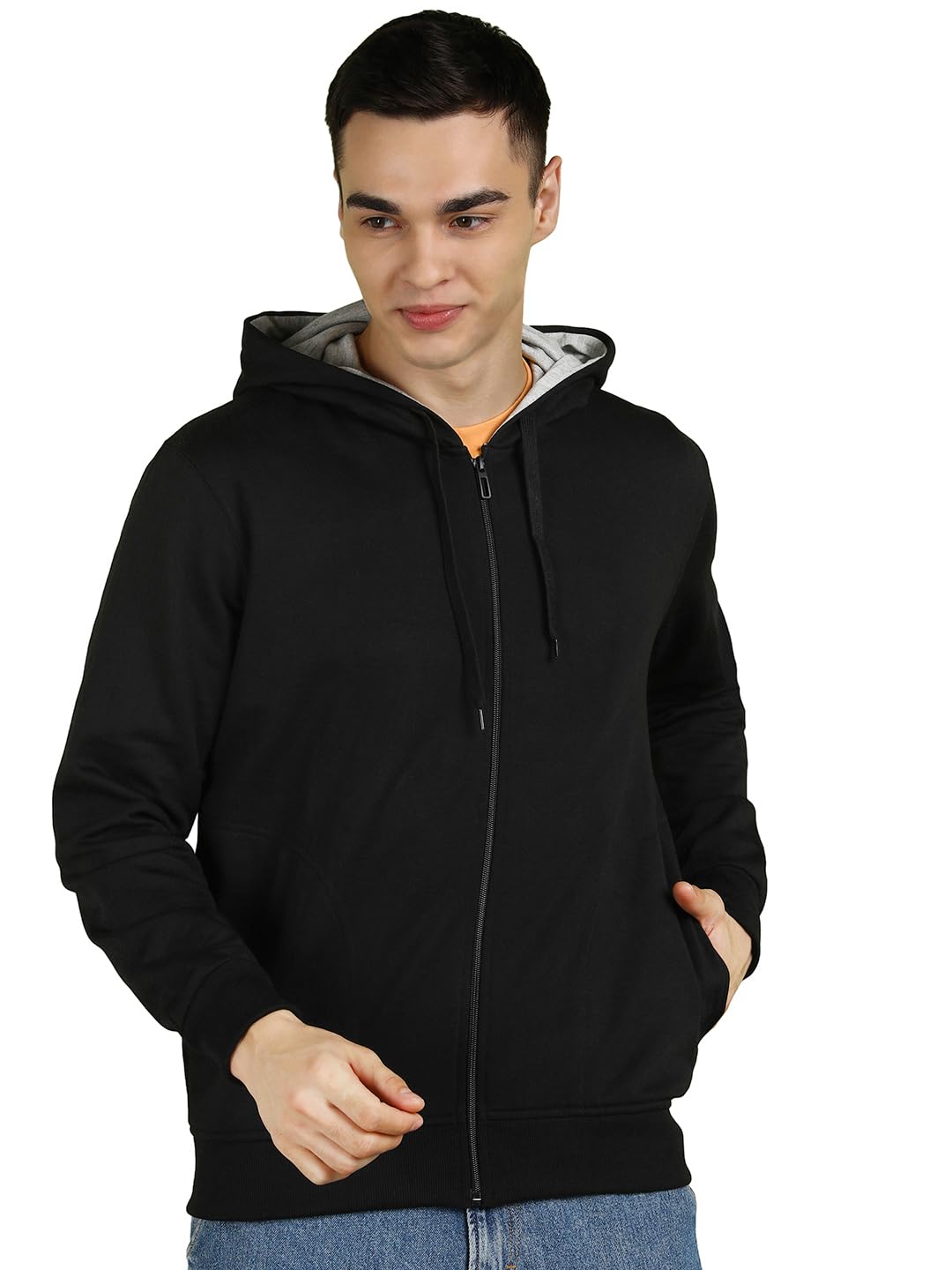 Men’s Solid Zipper Hooded Black Sweatshirt | Ribbed Hem, Lined Hood, Side Pockets, Durable Zip