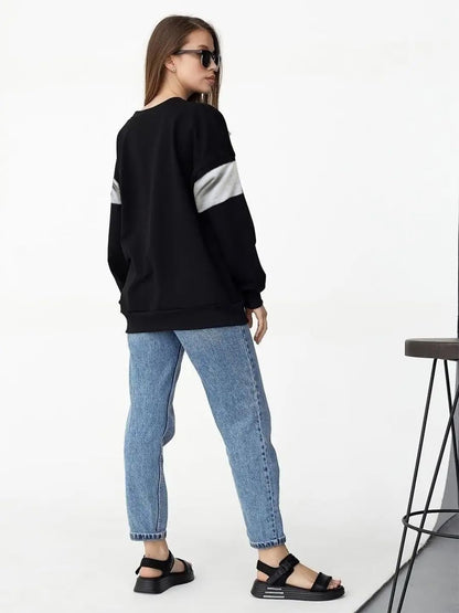 Women's Loose Fit Full Sleeve Round Neck Loop Knit Oversized Black Sweatshirt