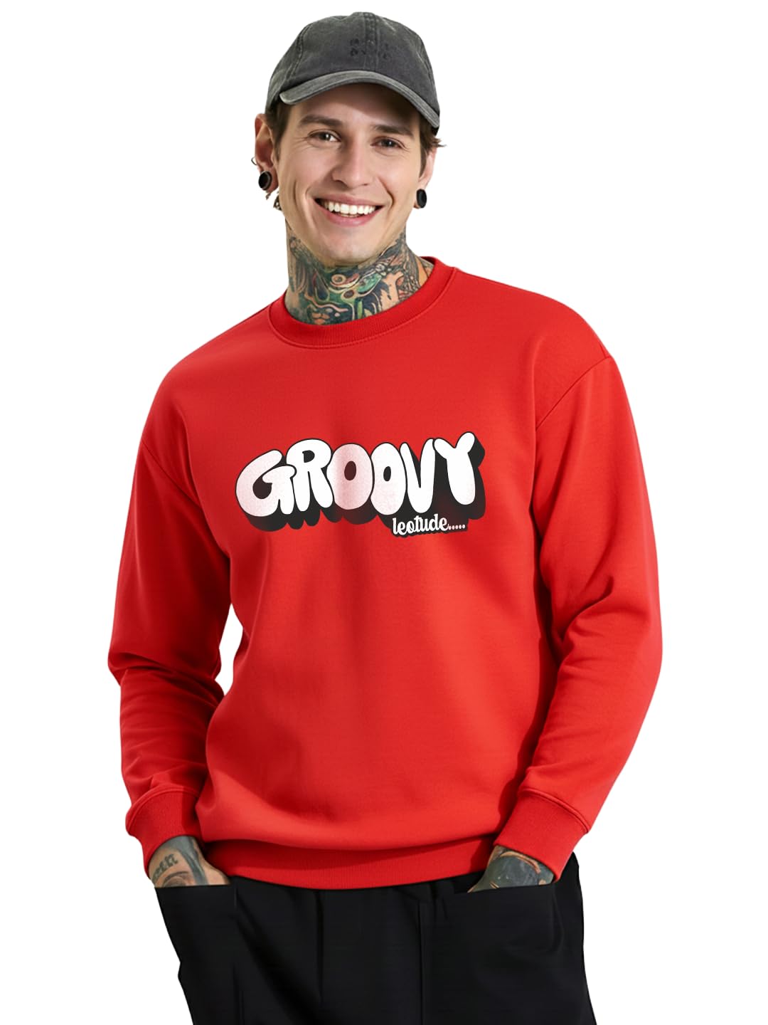 Men's Style Cool Casual Long Sleeve Round Neck Red Pullover Sweatshirt - Printed Stylish Winter Wear