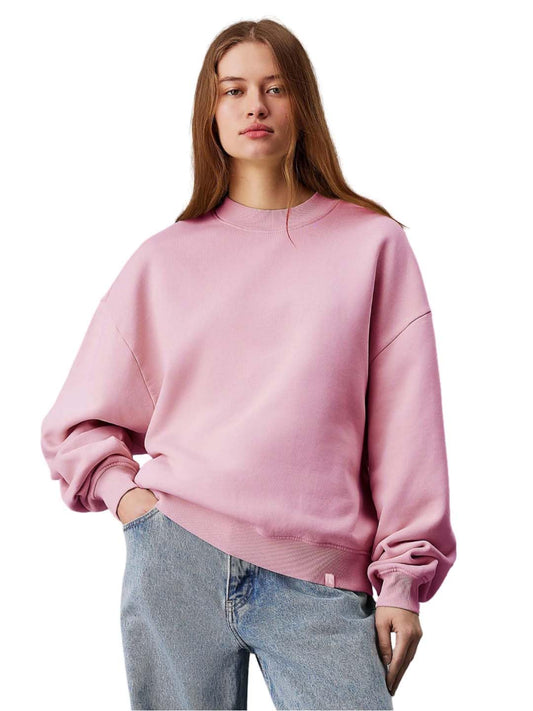 Women's Oversized Fleece Solid Pattern with Classic Round Neck Light Pink Sweatshirt